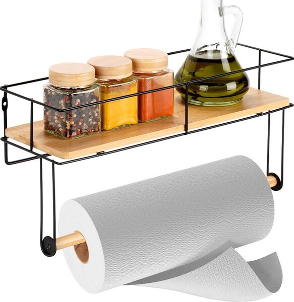 Vilde | Uchwyt na ręcznik papierowy - z półką - Czarny - Wykonany z metalu - 37x12,5x18,5 cm - Uchwyt ścienny na rolkę do kuchni