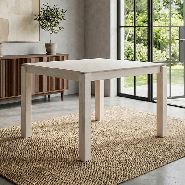 FineBuy Stół do jadalni z litego drewna mangowego 80x80 cm, wykończenie white wash, kwadratowy stół do jadalni, stół kuchenny dla 4 osób, drewniany stół do jadalni, wykonany ręcznie