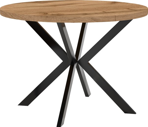 Okrągły rozkładany stół do jadalni, ENDIK, z metalowymi nogami, styl loft, industrialny, średnica: 110 / 160 cm, kolor: dąb Wotan / czarny