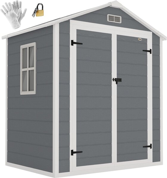 Domek narzędziowy Outsunny 2,12 m² 183x134x210 cm z dachem dwuspadowym, zamykanymi drzwiami i oknem, podstawą odporną na warunki atmosferyczne, szopą ogrodową, szafką na podwórko, na zewnątrz, w kolorze szarym