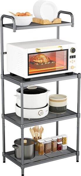 KOMFOTTEU 4-poziomowa półka kuchenna, metalowa półka na kuchenkę mikrofalową, wolnostojąca półka z 4 antypoślizgowymi nóżkami, 59 x 34 x 136 cm stojak na kuchenkę mikrofalową, wolnostojąca wielofunkcyjna półka do kuchni i jadalni