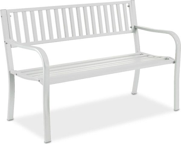 Ławka ogrodowa Relaxdays, 2-osobowa, wys. x szer. x gł.: 82 x 127,5 x 59,5 cm, stal, ławka ogrodowa, tarasowa, balkonowa, ławka parkowa, biała