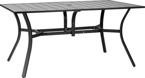 SucceBuy Prostokątny stół tarasowy ze stali węglowej (1500 x 960 x 725 mm) do patio, ogrodu, werandy i tarasu, wodoodporny, z otworem na parasol 38 mm, nośność do 68 kg, kolor czarny