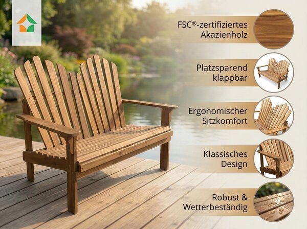 Ławka ogrodowa Adirondack dla dwóch osób z drewna akacjowego, ok. 125 x 80 x 94 cm – brązowa