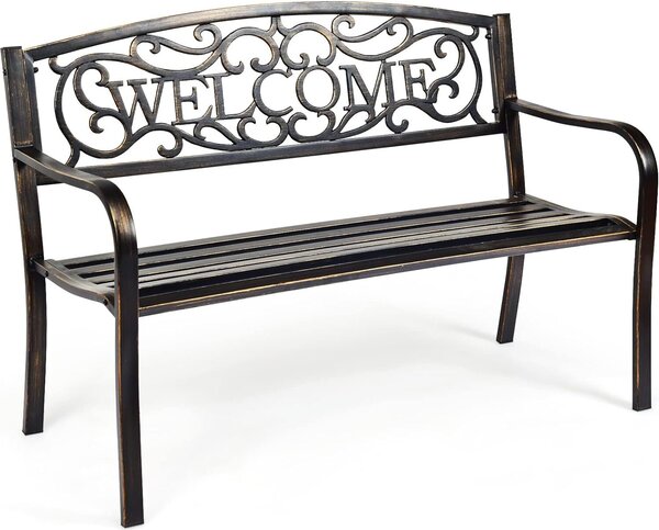 KOMFOTTEU Metalowa ławka ogrodowa, ławka z oparciem i podłokietnikiem, ławka parkowa odporna na warunki atmosferyczne, ławka żelazna, 127 x 63 x 88 cm