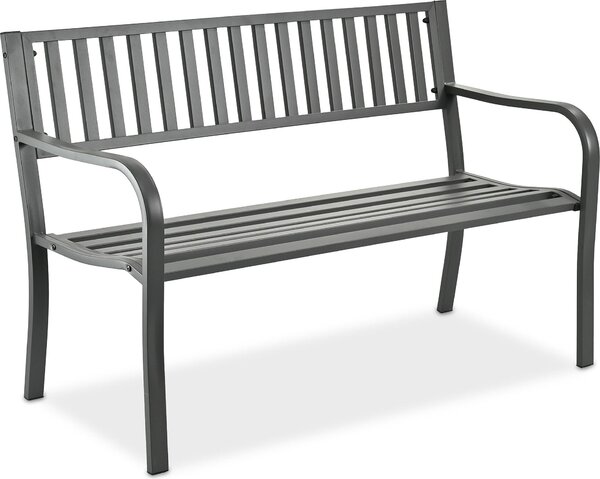 Ławka ogrodowa Relaxdays, 2-osobowa, wys. x szer. x gł.: 82 x 127,5 x 59,5 cm, stal, ławka ogrodowa, tarasowa, balkonowa, ławka parkowa, szara