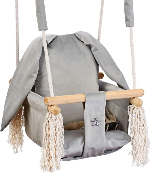 Love Gifts® Drewniana huśtawka dla niemowląt, wysokiej jakości i odpowiednia jako huśtawka wewnętrzna, może być montowana na suficie i na framudze drzwi, szary królik, wyprodukowana w UE