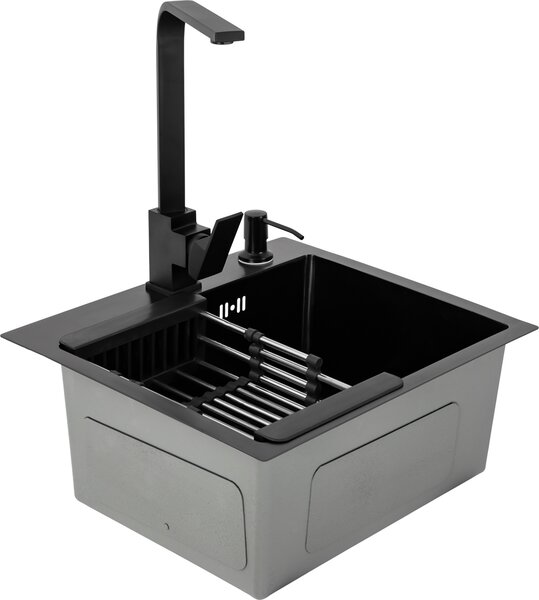 10-częściowy zestaw zlewozmywakowy do zabudowy ze stali nierdzewnej 40*45 cm z obrotową baterią kuchenną 360° z rurą spustową i zestawem odpływowym z dozownikiem mydła, czarny