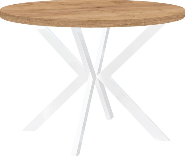 Okrągły rozkładany stół do jadalni, ENDIK, z metalowymi nogami, styl loft, industrialny, średnica: 100 / 200 cm, kolor: Oak Craft Gold / White