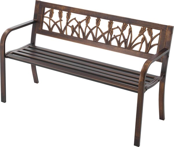 SucceBuy ławka ogrodowa 127 cm z metalową ramą wykonaną ze stali węglowej, ławka balkonowa z kwiatowym wzorem PVC i zaokrąglonymi podłokietnikami, nośność do 250 kg, antyczny brąz