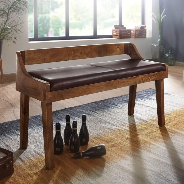 FineBuy tapicerowana ławka z oparciem 108 cm, lite drewno, prawdziwa skóra, brązowa – ławka w stylu retro do garderoby lub sypialni – ławka do garderoby, przedpokoju
