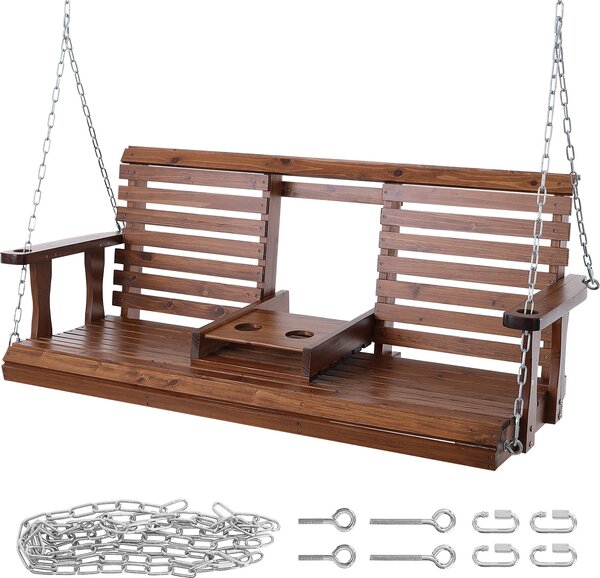 SucceBuy 1,5 m drewniana huśtawka werandowa, huśtawka ogrodowa na patio, ulepszona nośność 400 kg, solidna huśtawka z łańcuchami do użytku na zewnątrz, brązowa