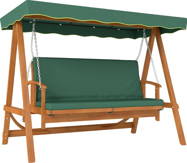 Huśtawka ogrodowa 2 w 1 Outsunny z funkcją leżenia, 3-osobowa drewniana huśtawka ogrodowa, huśtawka drewniana z siedziskiem w formie dachu, ławka do 330 kg, do ogrodu, na taras, 236 x 130 x 181 cm, ciemnozielona