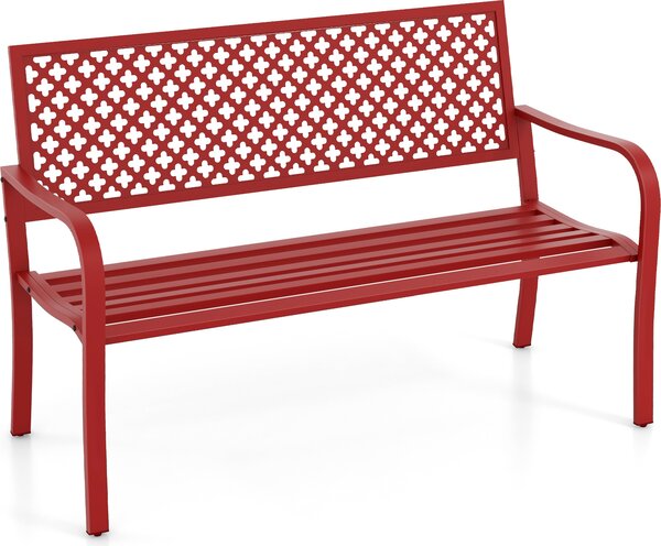KOMFOTTEU ławka ogrodowa metalowa, ławka z podłokietnikami, ławka parkowa dla 2-3 osób do 300 kg ładowności, ławka metalowa na patio na podwórko, do parku, na taras, 127 x 62 x 86 cm (czerwona)
