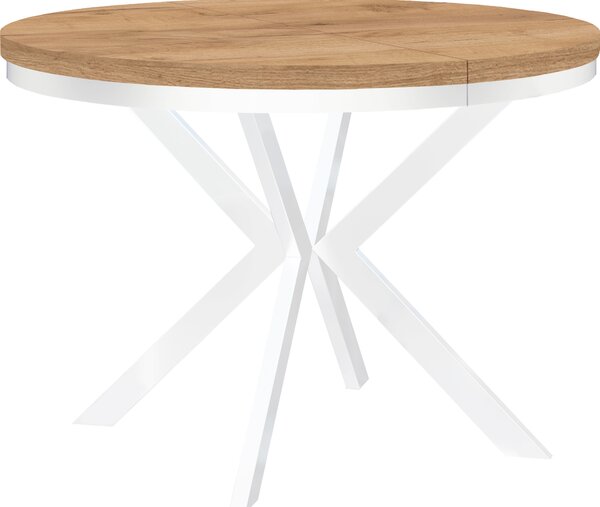 Okrągły rozkładany stół do jadalni ENDIK z ramą pierścieniową i metalowymi nogami, średnica: 100 / 150 cm, kolor: dąb craft złoty / biały