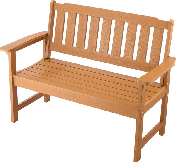 Ławka ogrodowa SucceBuy 128 cm, solidna i odporna na warunki atmosferyczne, odpowiednia dla 2-3 osób, plastikowa rama z oparciem i szerokimi podłokietnikami, idealna na patio, do ogrodu lub parku, wygląd drewna