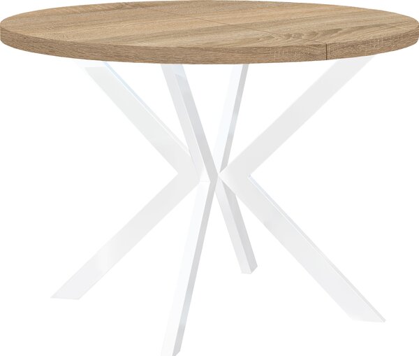 Okrągły rozkładany stół do jadalni, ENDIK, z metalowymi nogami, styl loft, industrialny, średnica: 110 / 160 cm, kolor: dąb Sonoma / biały