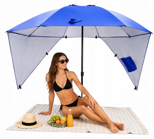 Parasol Ogrodowy Przeciwsłoneczny – Parasol Plażowy – Niebieski, Śr. 214 cm, Ze Ściankami