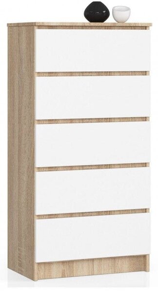 Komoda do sypialni, 5 szuflad, STILO, 60x40x121 cm, dąb sonoma, biel, mat | TYLETEGOTU
