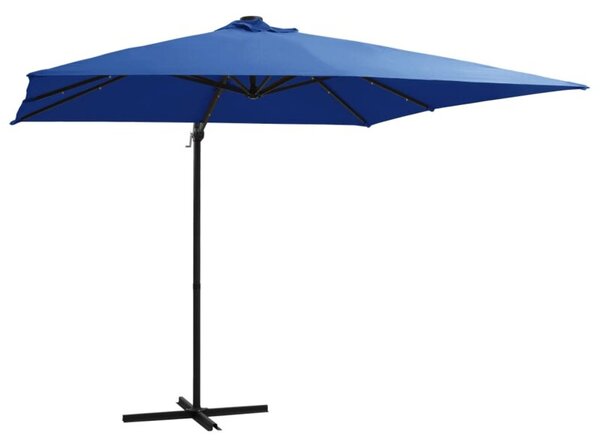 Parasol wiszący z LED i stalowym słupkiem 250x250 cm, niebieski