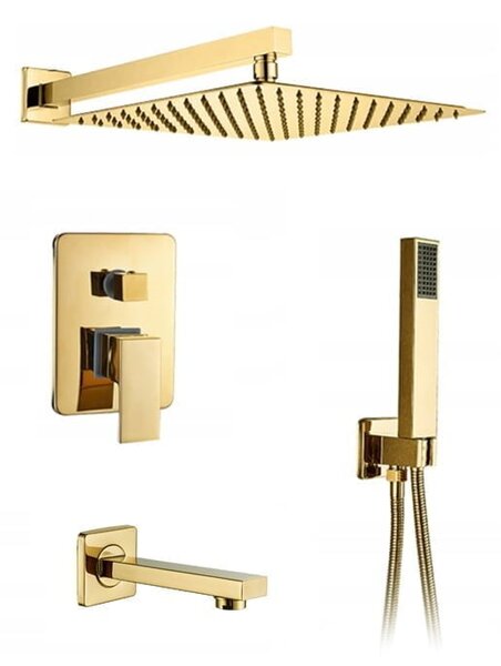 Gold Square – złota podtynkowa trzyfunkcyjna bateria wannowo-prysznicowa - 20 x 20 cm