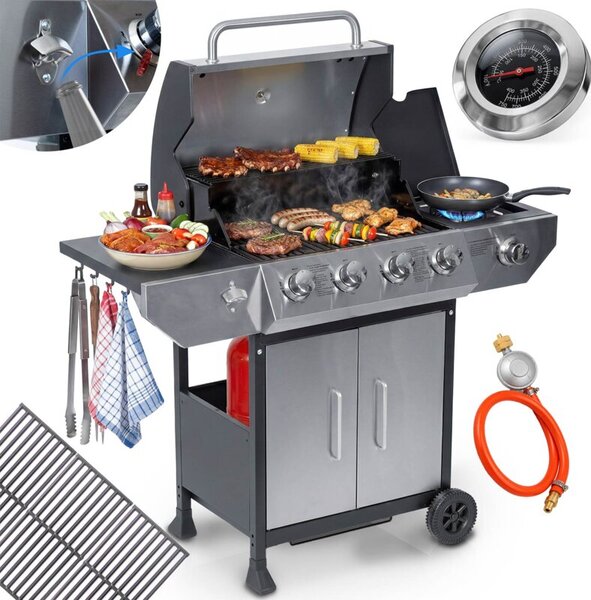 Grill gazowy ogrodowy Berdsen BD-896 żeliwny ruszt z pokrywą mocny 4+1 palniki termometr