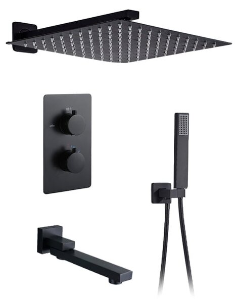 Black Square – czarna podtynkowa trzyfunkcyjna bateria wannowo-prysznicowa z termostatem - 25 x 25 cm