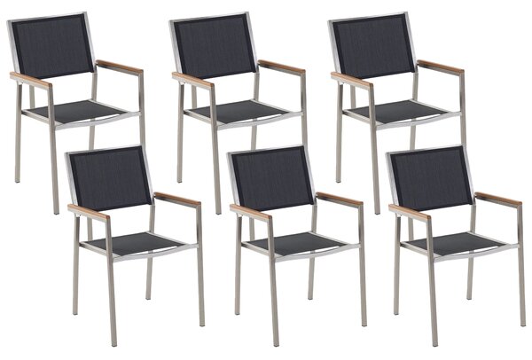 Zestaw 6 krzeseł ogrodowych stal nierdzewna czarny materiał jadalniane Grosseto Beliani