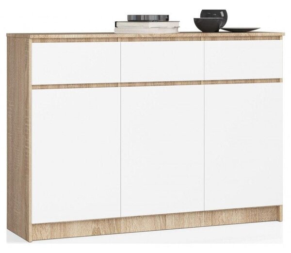 Komoda, 3 szuflady, 3 drzwi, ATLAS, 140x40x99 cm, dąb sonoma, biel, mat | TYLETEGOTU