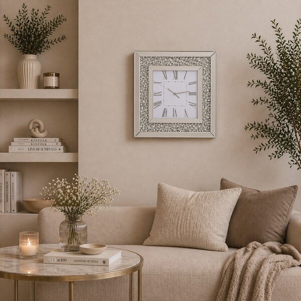 Zegar ścienny kwadratowy glamour lustrzany srebrny z kryształkami 50x50 cm C-0617