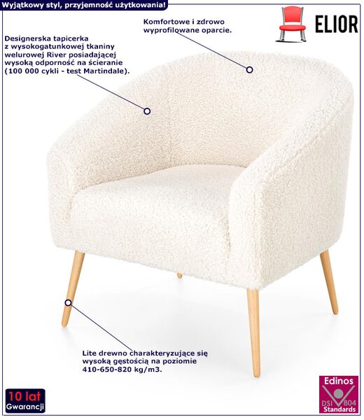 Nowoczesny boucle fotel wypoczynkowy kremowy+naturalny C2-F70