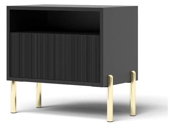 Stolik nocny Oslo czarny 50 cm – ryflowany front, złote nóżki, nowoczesny, sypialnia, praktyczny, nowoczesny