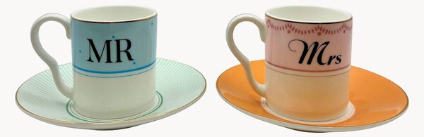 Komplet filiżanek ze spodkiem z porcelany kostnej Mr. & Mrs., 2 elem