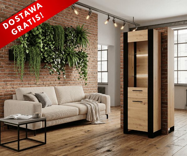 Loftowa wąska szafka stojąca witryna 188 cm | Umeblowana.com