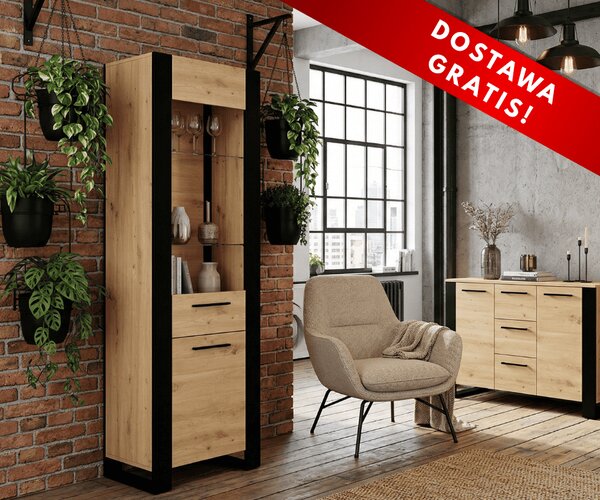 Loftowa wąska szafka stojąca witryna 188 cm | Umeblowana.com