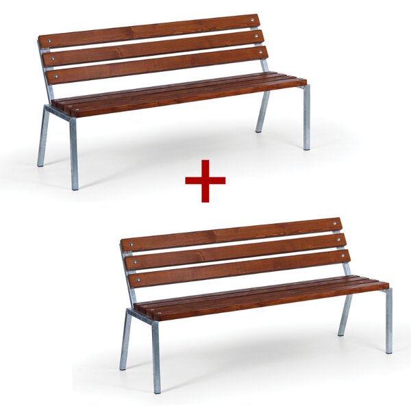 Ławka zewnętrzna STACK, sztaplowana, z oparciem, 1+1 GRATIS, ocynkowana, 1500 mm, ciemny mahoń