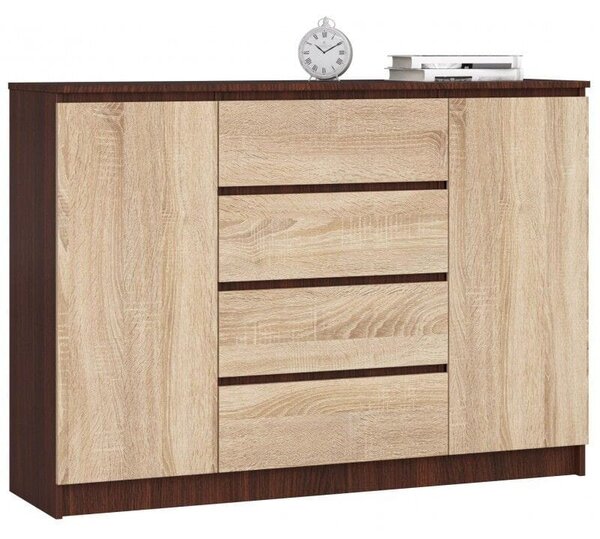Komoda do sypialni, 4 szuflady, półki, CANTO, 140x40x99 cm, wenge, dąb sonoma, mat | TYLETEGOTU