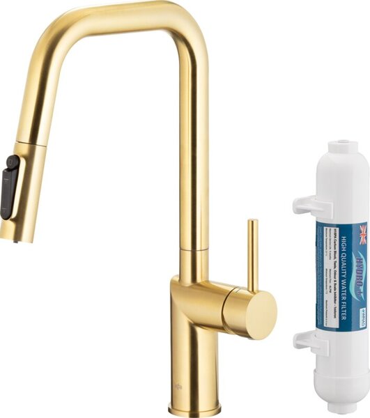 Bateria kuchenna stojÄ ca KFA ARMATURA Duero Pure Style z filtrem wody ZÅoty szczotkowany PVD 6623-312-39