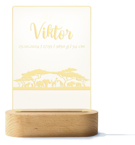 ČistéDřevo Lampka LED z danymi o dziecku – safari