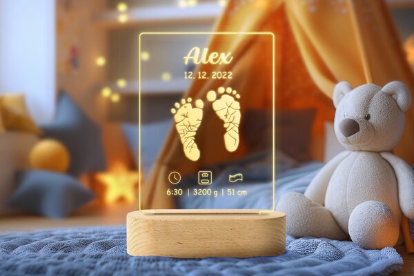 ČistéDřevo Lampka LED z danymi o dziecku – nóżki