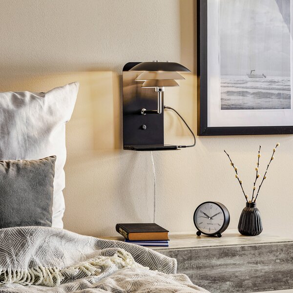Lampa Ścienna Dyberg Larsen, DL20 USB Shelf, ściemnialny, czarny, sypialnia, metal, skandynawski