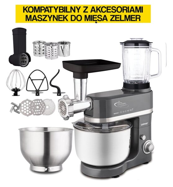 Robot kuchenny planetarny ZELMER ZKR9100 1800W z blenderem kielichowym, z maszynką do mięsa (2 misy w zestawie)