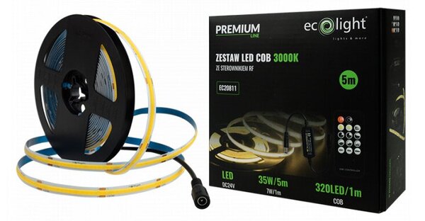 Taśma LED 320 COB 24V IP20 3000K 5m ściemnialna zestaw ze sterownikiem i zasilaczem Ecolight