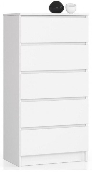 Komoda do sypialni, 5 szuflad, STILO, 60x40x121 cm, biel, mat | TYLETEGOTU