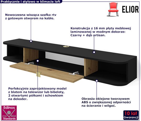Podwieszana szafka rtv czarny + dąb artisan R7-M52