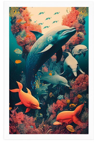 Surrealistyczny plakat z delfinami