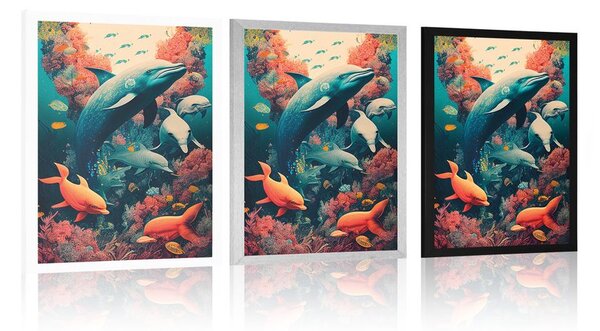 Surrealistyczny plakat z delfinami