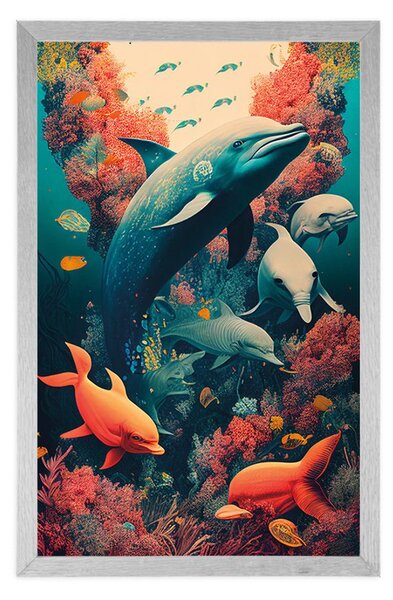 Surrealistyczny plakat z delfinami