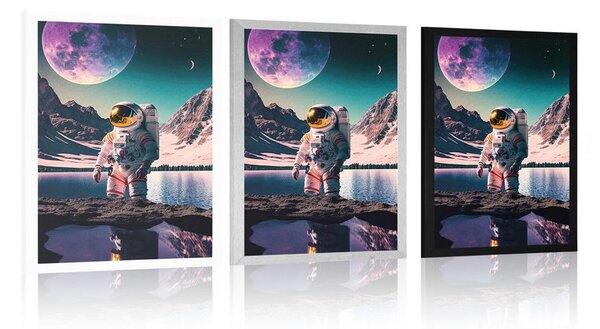 Plakat astronauta na powierzchni nieznanej planety