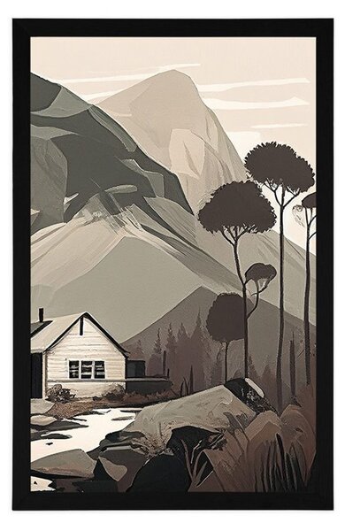 Plakat skandynawski domek w górach